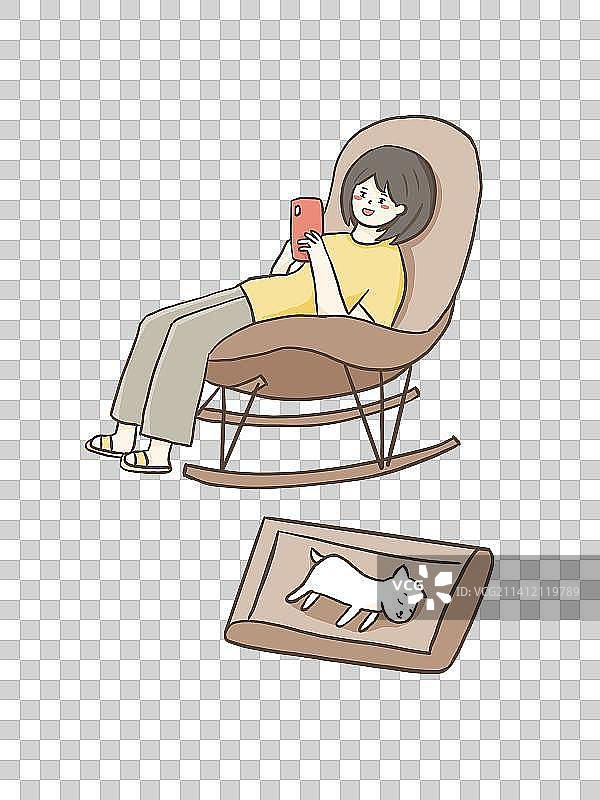 坐在躺椅上玩手机的女孩和睡觉的狗图片素材