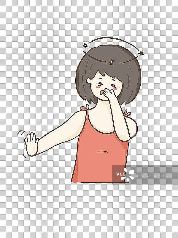 女孩头晕恶心摆手拒绝扁平插画图片素材