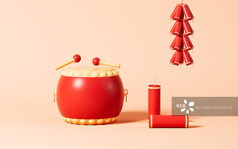 过年锣鼓与鞭炮场景3D渲染图片素材