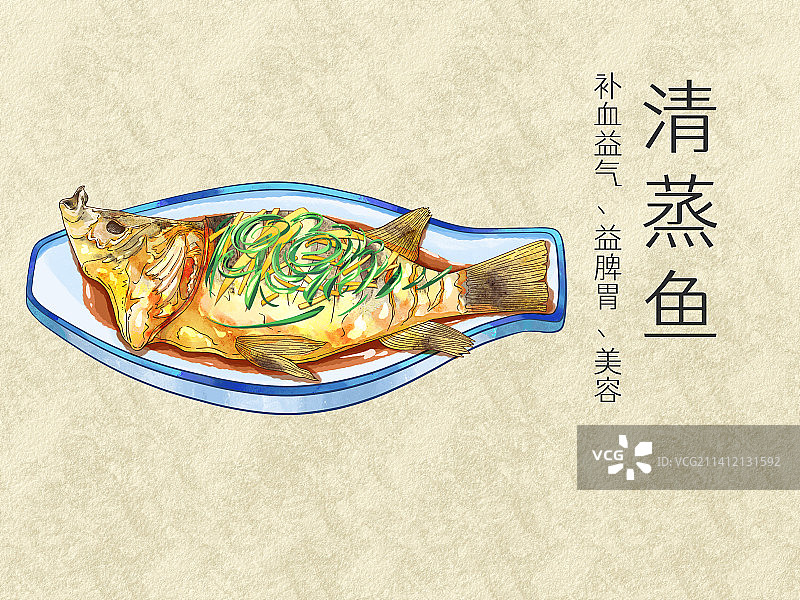 手绘水彩传统美食清蒸鱼插画图片素材