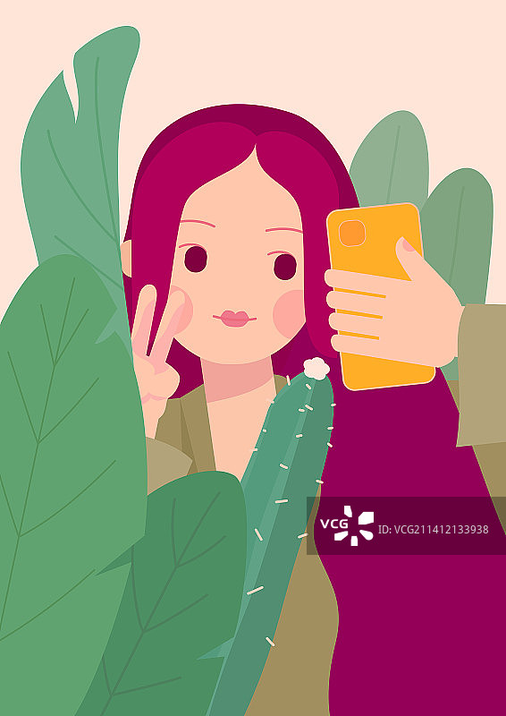 年轻女孩自拍植物场景扁平插画图片素材