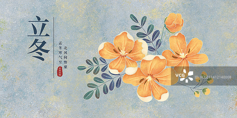 二十四节气立冬海报肌理岩彩风格植物系列双荚决明图片素材