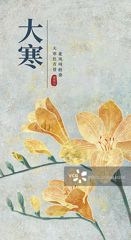 二十四节气大寒海报肌理岩彩风格植物系列香雪兰图片素材