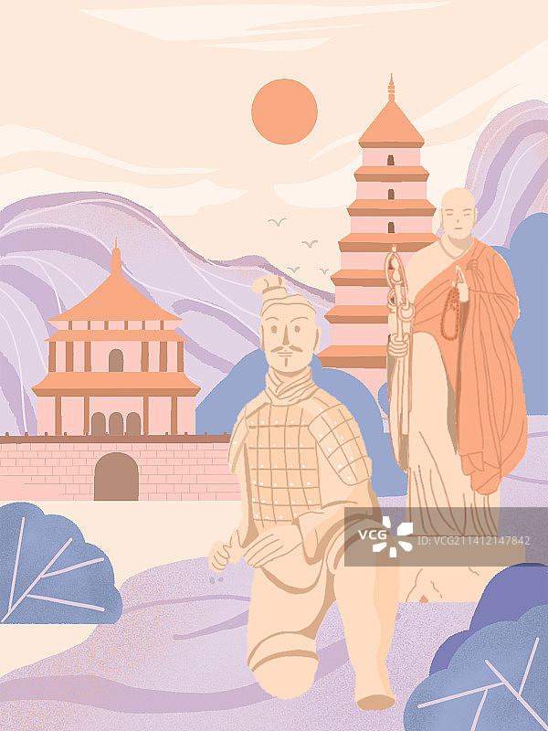 城市插画西安兵马俑大雁塔图片素材