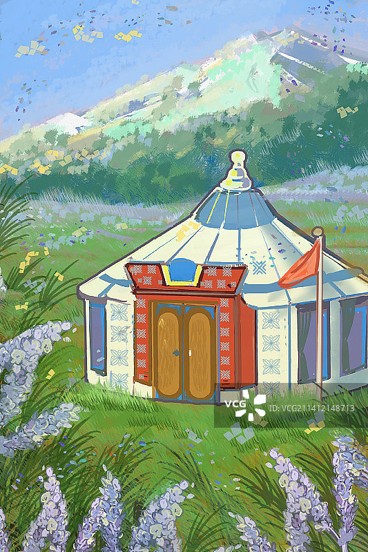 春天绿色草原上的蒙古包图片素材