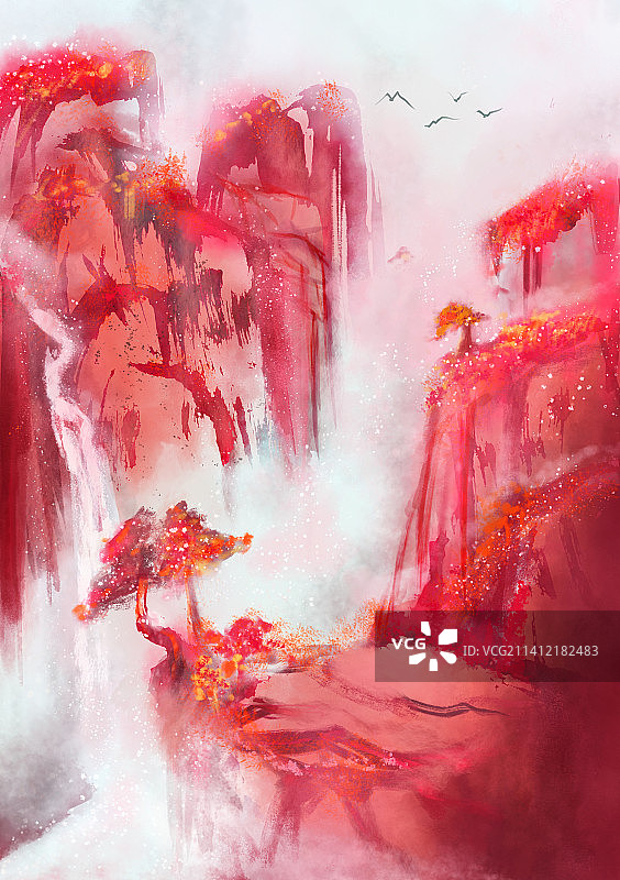 国风山水画万山红遍水墨插图图片素材