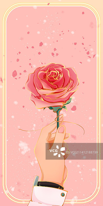 手持玫瑰花情人节七夕手绘浪漫插画图片素材