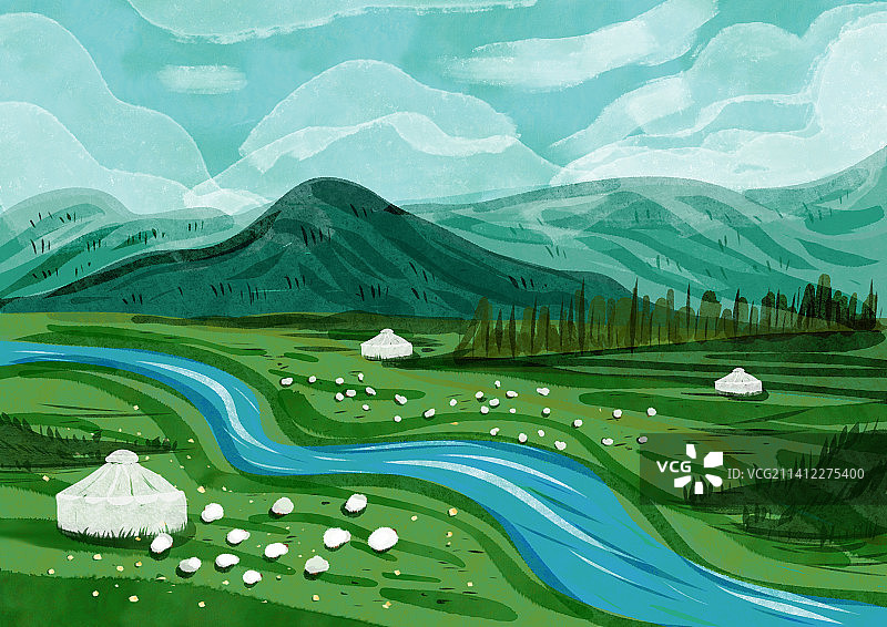 蒙古包风景插画图片素材