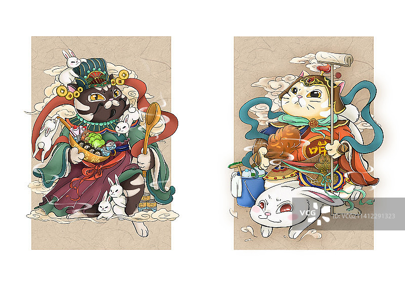 兔年春节国风猫猫门神财神插画图片素材