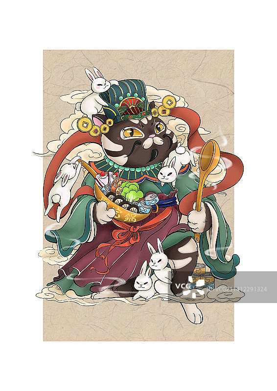 兔年春节国风猫猫门神财神插画图片素材