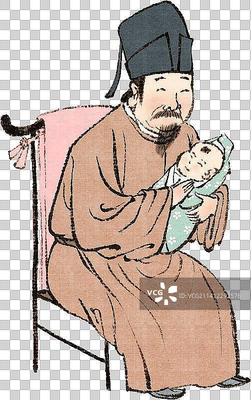 抱着孙子慈祥微笑的古代老爷爷人物元素图片素材