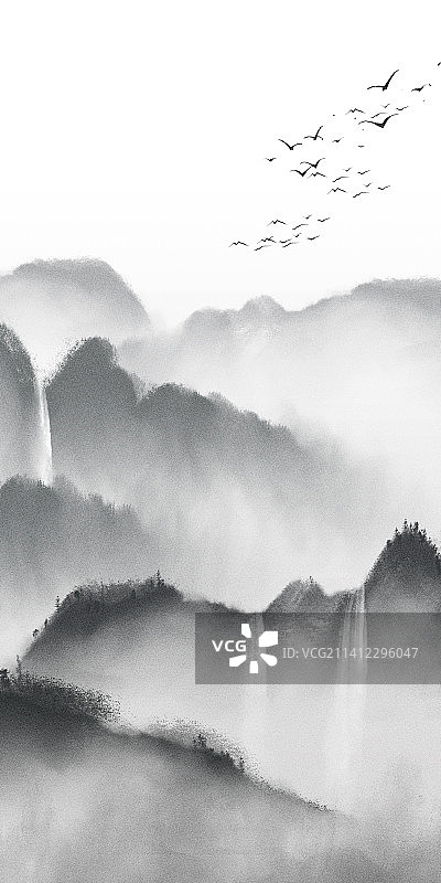 竖版黑白国风写意山水水墨画图片素材