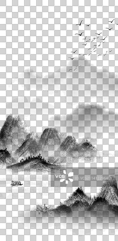 竖版免扣黑白古风写意山水水墨画图片素材