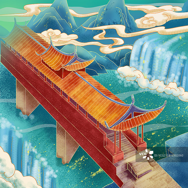 手绘古廊桥图片素材