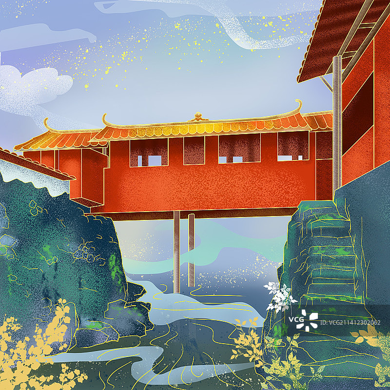手绘古廊桥图片素材