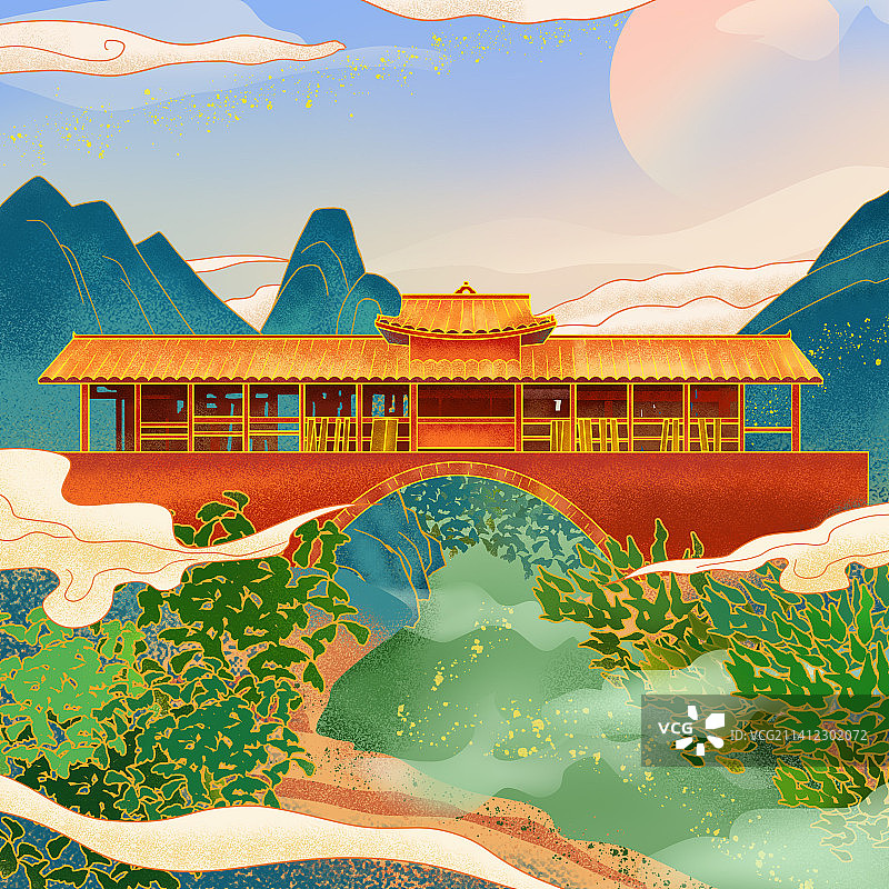 手绘古廊桥图片素材