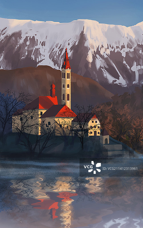 户外城堡湖边倒影雪山插画图片素材