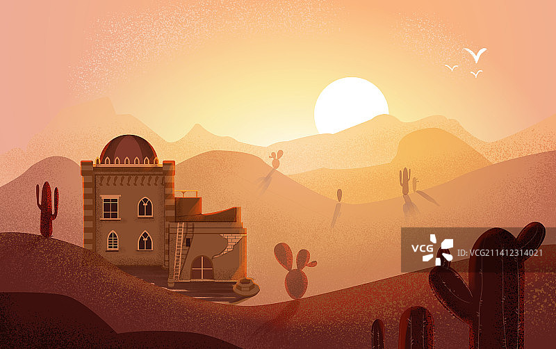 沙漠无人黄色肌理仙人掌插画图片素材