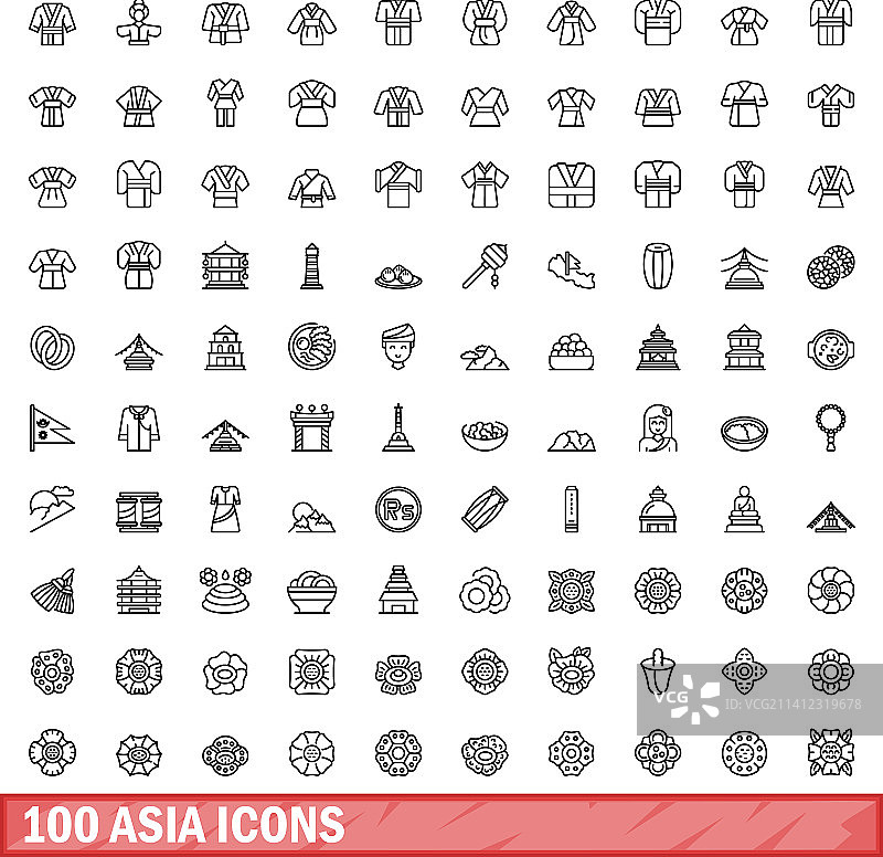 100个亚洲图标轮廓样式图片素材