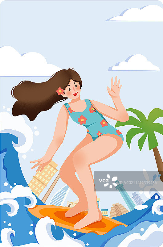 夏日冲浪少女扁平风商业插画图片素材
