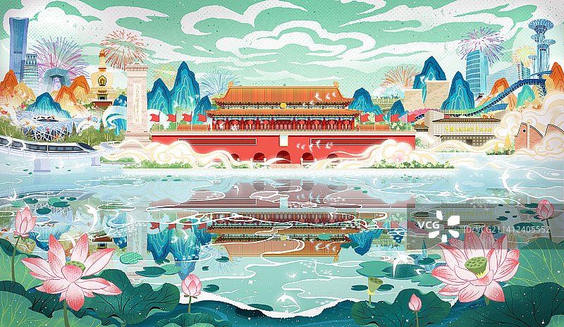 北京天安门水喜庆国庆旅游烟花国潮插画背景活动横图片素材
