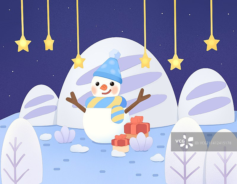 圣诞节夜晚雪地上有个可爱的雪人插画图片素材