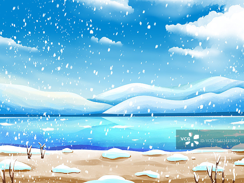 冬天下雪天冰河场景背景插画图片素材