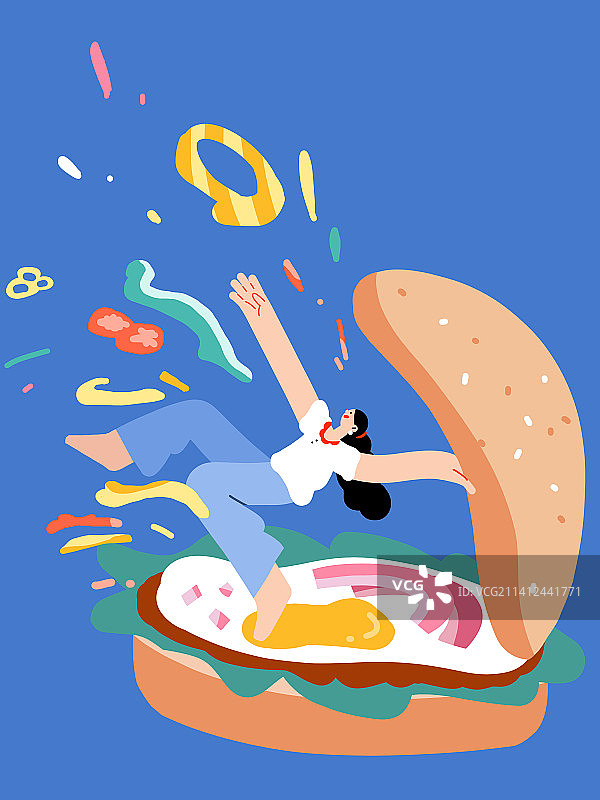 创意美食插画从汉堡里出来的女孩图片素材