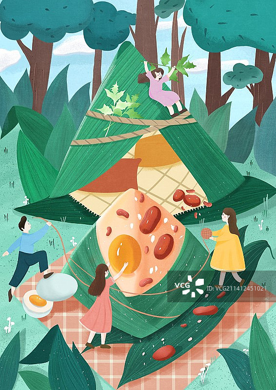 青年男女在户外野餐包粽子图片素材