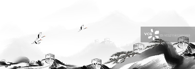 长城在晴空中飞翔的鸟的低角度视图图片素材