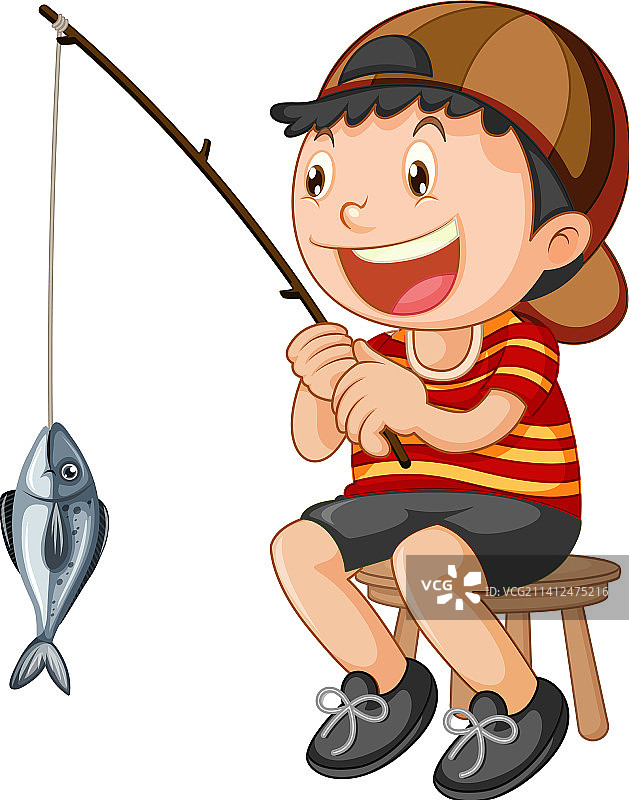 快乐的孩子坐在椅子上钓鱼图片素材