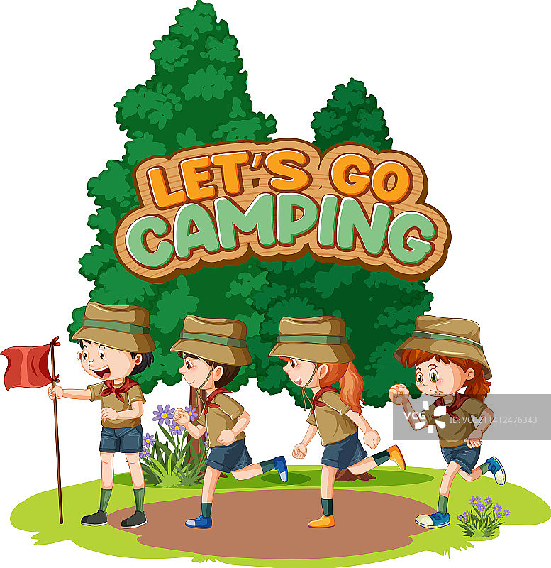 露营儿童与“出发”文字设计图片素材