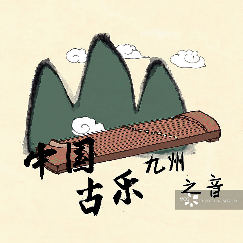 中国传统水墨画风格背景创意展板设计插画音乐古风乐器图片素材