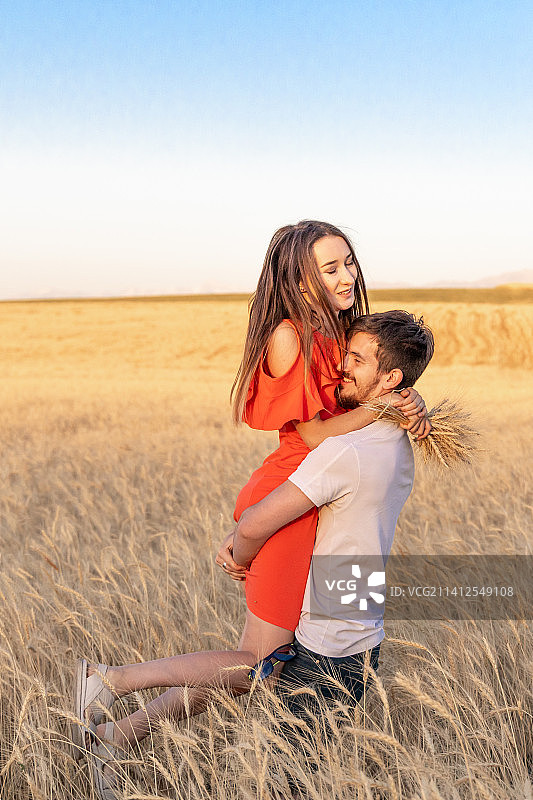 男人抱着美丽的妻子站在麦田中图片素材