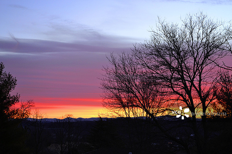 透过冬季光秃秃的树木看到的远处山脉上方的绚丽日出或日落，美国图片素材