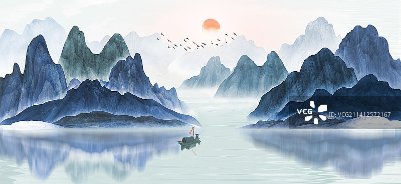 新中式蓝色水墨意境山水画图片素材