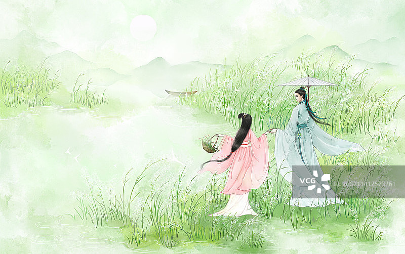 中国风插画诗经唯美画卷野有蔓草图片素材
