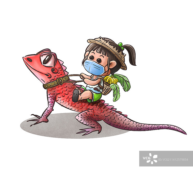 戴口罩的小女孩骑着一只蜥蜴图片素材