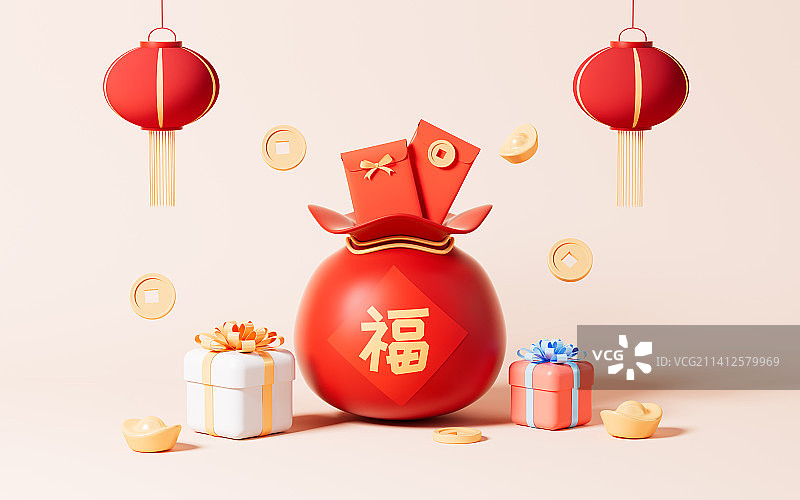 过年福袋与礼物场景3D渲染图片素材