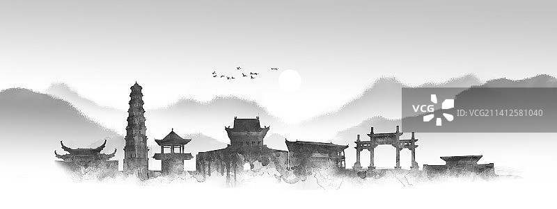 手绘泼墨高州城市建筑图片素材