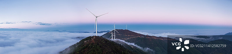 浙江云和白鹤尖日出云海风力发电清洁能源航拍图图片素材