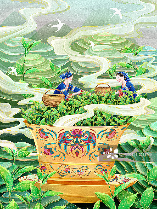 中国风茶杯上的采茶女图片素材