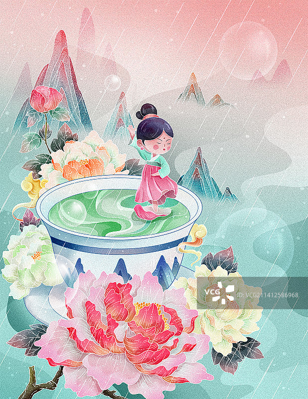 中国风春天三朝看牡丹女孩在茶杯上跳舞图片素材