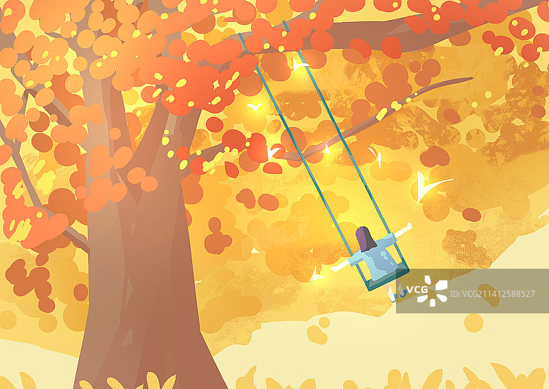 秋天女孩在大树下荡秋千扁平插画图片素材