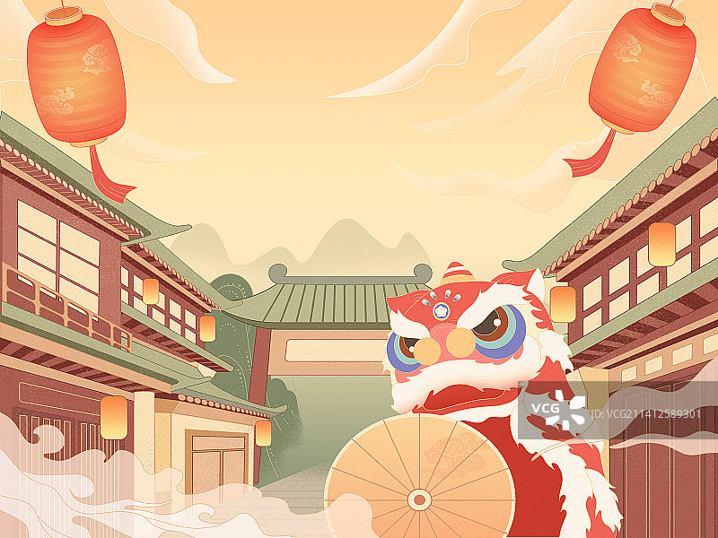 传统春节舞狮子灯笼古风街道庆祝节日插画国潮图片素材