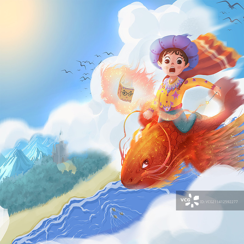 插画奇幻世界儿童插画想象力飞天鱼大自然图片素材