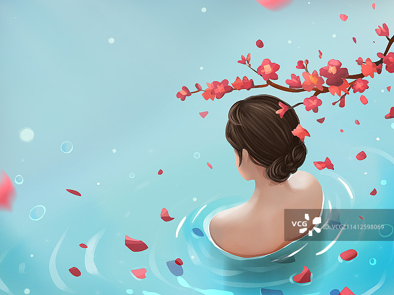 唯美温泉美女背影插画图片素材