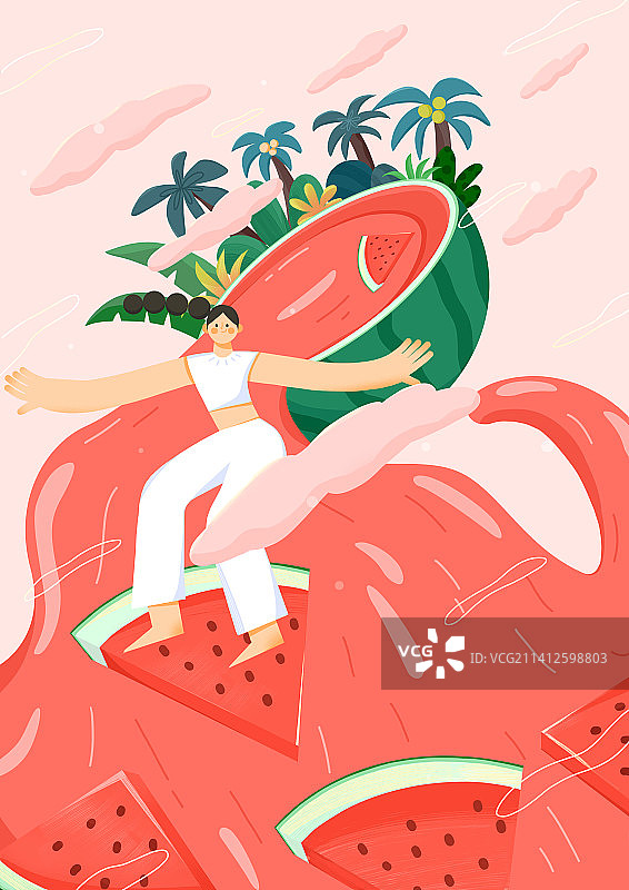 一个女孩在西瓜汁上冲浪图片素材