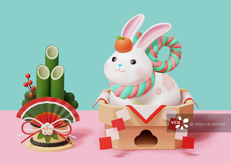 三维日式可爱兔子镜饼新年素材图片素材