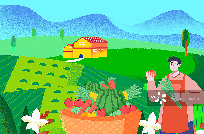 卡通手绘绿色草原田地乡镇农村插画图片素材